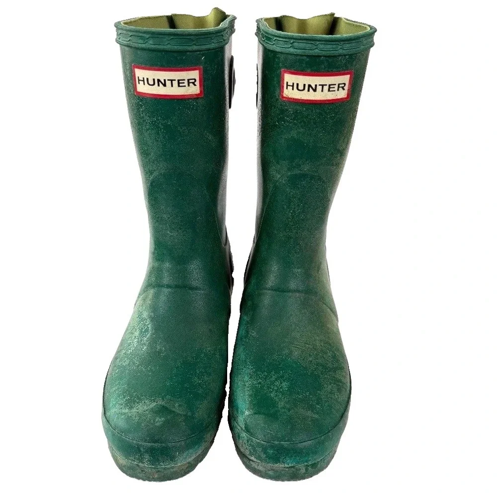Hunter Womens Original Short Rain Boots 6 Green Adjust Back Waterproof Outdoor